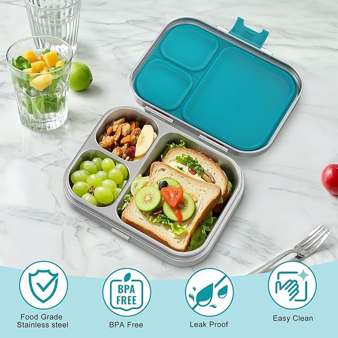 LOHASOK Stainless Steel Bento Lunch Box, 3-Compartment Food Container Large 800ML Metal Bento Box for Kids or Adults with Lockable Clips to Leak Proof Blue