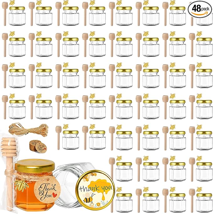 GIVAMEIHF Mini Glass Honey jars with Lids-1.5oz,48 pack Honey Jars,Small Honey Jar with Dipper,Thank You Tags,Jutes Rope,Empty Glass Jars for Jams,Baby Shower, Wedding Favors, Party Favors