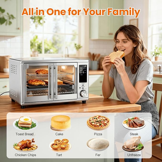 OLIXIS Air Fryer Toaster Oven Combo Extra Large with Smart Probe, 29.6QT Oven Countertop 12 Functions in 1, 7 Accessories Included, Stainless, Up to 450°F