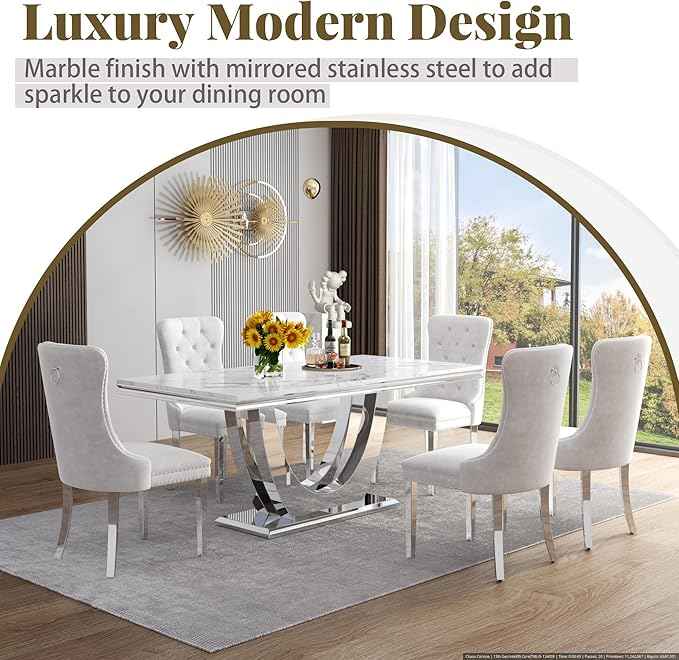 AF ARTISAN FURNITURE Marble Dining Table for 4-8,White Faux Marble Dining Tables with Silver U-Shaped Mirrored Finish Stainless Steel Base, Marble Kitchen Table for Living Room Home Office