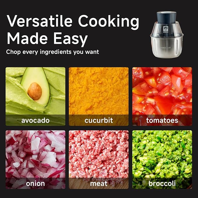KOBACH Electric Food Processor & Meat Grinder – 1.9 Qt Food Chopper with Pure Copper Motor, Dual-Layer Blades, Procesador de Alimentos Electrico