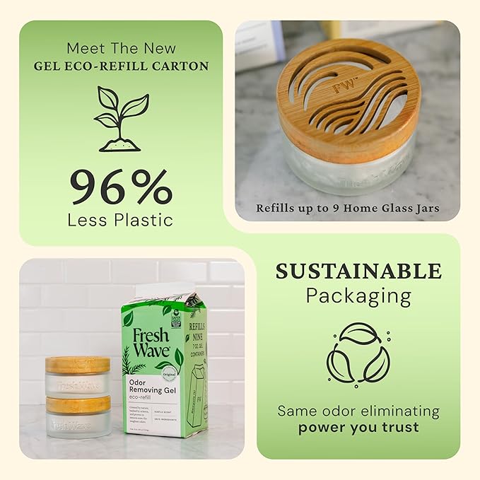 Fresh Wave Odor Removing Gel Eco-Refill, 63 oz. Original Scent | 2 Empty Refillable Glass Jars | 2 Room Set