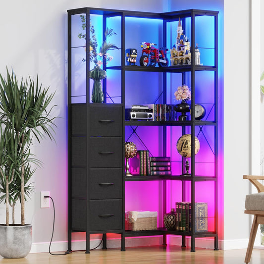 Corner Bookshelf with LED Light Strips & 4 Fabric Drawers, 5-Tier Convertible Corner Shelf with Display Shelf, Large Wood Industrial Bookcase for Living Room, Bedroom, Home Office, Black