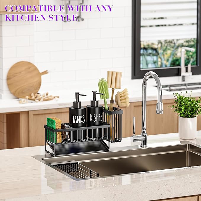 MASADI Kitchen Dish Soap Dispenser Set with Sponge Holder, 12OZ Glass Bottle, Hand and Dish Soap Dispenser Set, Non-Slip Silicone Pad, Brush Holder, Kitchen Sink Organizer Countertop (Black)