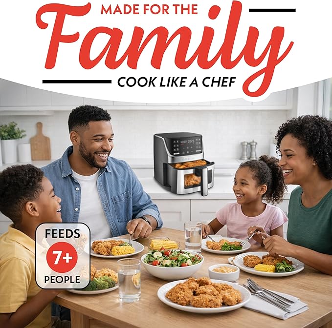 Gourmia Air Fryer - 7 Qt Large Capacity with LED Display, 12 One-Touch Presets, FryForce 360° Technology, Nonstick Dishwasher-Safe Basket & Crisper Tray, Stainless Steel