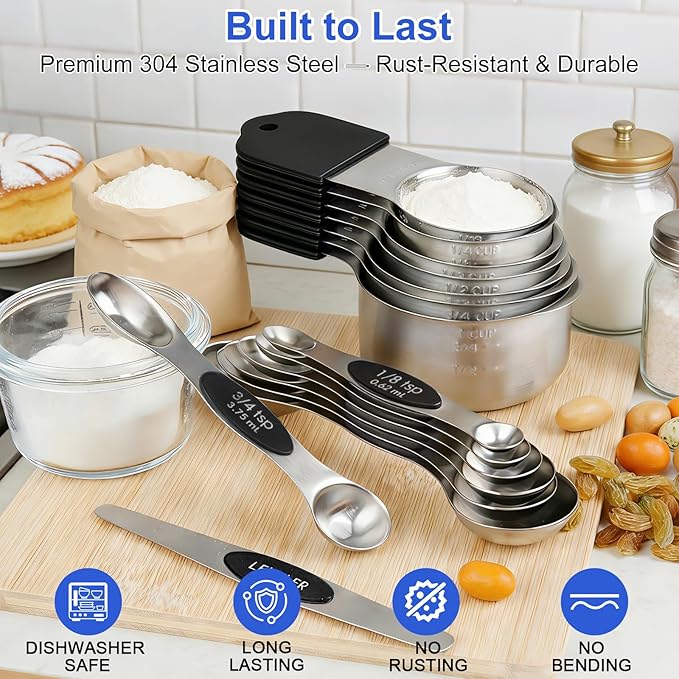 Magnetic Measuring Cups & Spoons Set, Strong N45 Magnets, Heavy Duty Stainless Steel Fits in Spice Jars for Baking & Cooking, BPA Free, Round Set of 15 with Leveler,Dark Black
