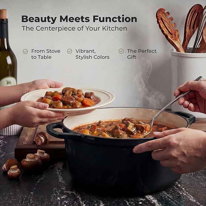 Zulay Kitchen 5 Quart Enameled Cast Iron Dutch Oven Pot with Lid – Premium Durability & Oven Safe up to 500°F – Heavy Duty Cookware Perfect for Bread Baking, Stews, Braising & Roasting – Black