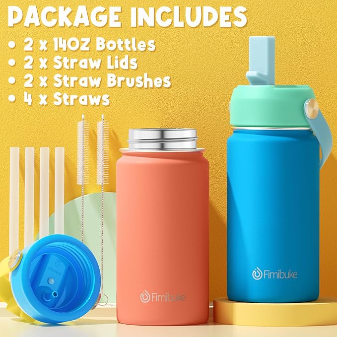 Fimibuke Kids Insulated Water Bottle, 14oz BPA FREE Double Wall Vacuum Tumbler 18/8 Stainless Steel Leak Proof Kids Cups with Straw Metal Water Bottle for School Boys Girls (2 Pack, Underwater World)
