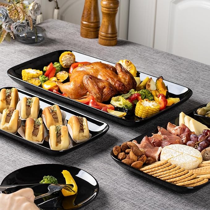 DELLING Large Serving Platter Set of 3, 16/14/12 Inch Porcelain Serving Trays for Party - Black Ceramic Rectangular Platters for Entertaining,Platter for Thanksgiving Christmas, Dishwasher Oven Safe