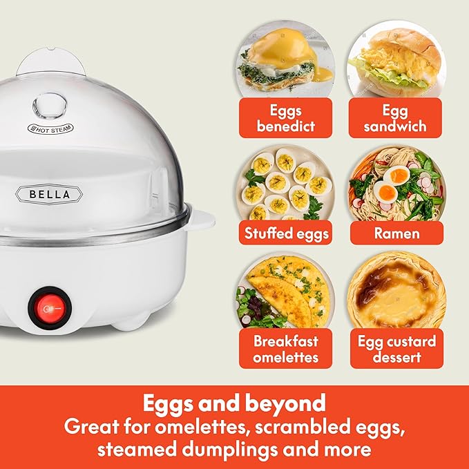 BELLA Rapid Electric Egg Cooker and Omelet Maker with Auto Shut Off, for Easy to Peel, Poached Eggs, Scrambled Eggs, Soft, Medium and Hard Boiled Eggs, 7 Egg Capacity Tray, Single Tier, White