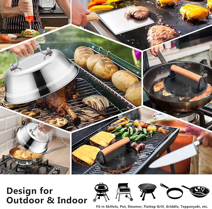 Griddle Accessories Smash Burger Kit (5Pcs), Joyfair Grill Spatula with 9in Melting Dome & Bacon Press Set, Stainless Steel Turner, Basting Cover, Cast Iron Press for Outdoor BBQ (Wooden Handle)