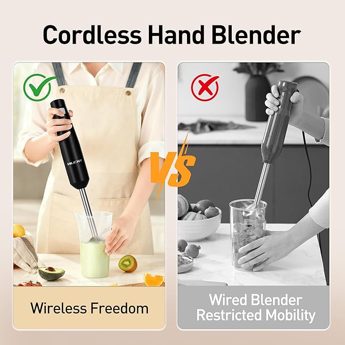 Cordless Immersion Hand Blender (Stick Blender) – Smooth, Controlled Blending for Everyday Cooking, 12V Brushless Motor, Pressure-Sensitive Variable Speed, USB-C Rechargeable, Easy-Clean (Black)