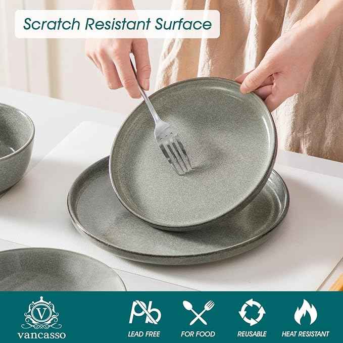 vancasso ANYA 24 Pieces Plates and Bowls Set, Stone Grey Dinnerware Sets, Reactive Glaze Dishes Set for 6, Ceramic Dishware Sets Kitchen Dinner Set, Microwave & Dishwasher Safe