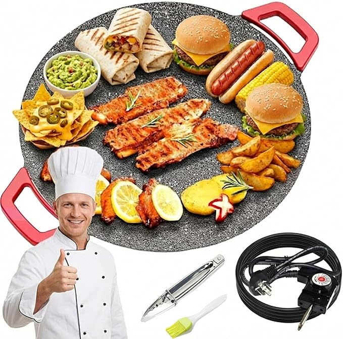 Non-Stick Electric Indoor Grill Pan, Smokeless Electric Griddle with Temperature Control, Round Baking Pan for BBQ, Steaks, Pancakes & Comal Electrico para Tortillas (36cm/14.2in)