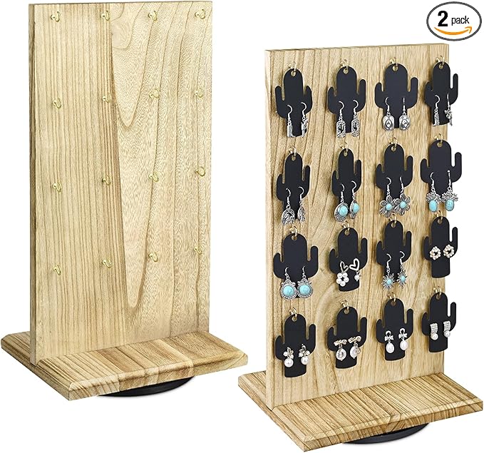 Ikee Design Wooden Rotating Two-Sided Jewelry Display Stand, Rotating Organizer with 32 Hooks for Store, Earring Keychain Display with Hooks, Oak color, 9" W x 7.5" D x 16.5" H