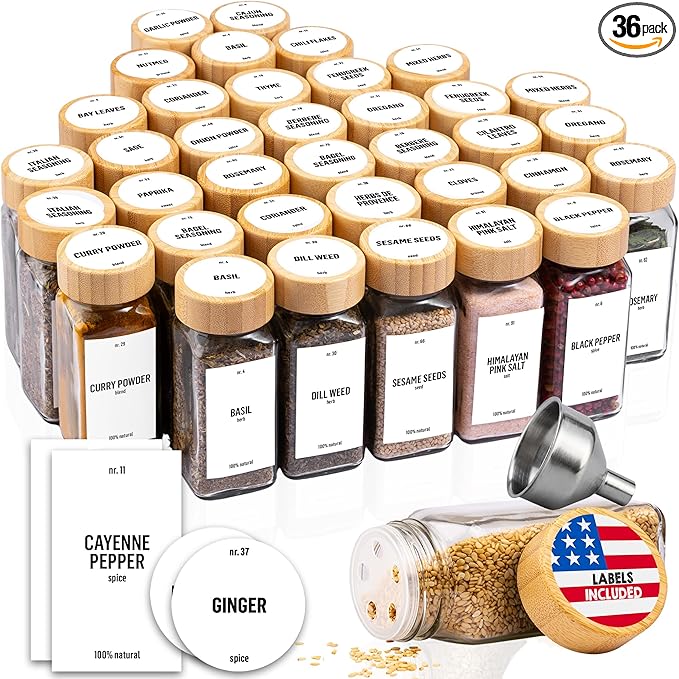 Deco haus Glass Spice Jars with Label 36x4oz [WHITE LABELS incl] Spice Containers with Labels, Shaker Lids & Funnel - Empty Herb Seasoning Containers, Small Seasoning Bottles for Herb with Lid