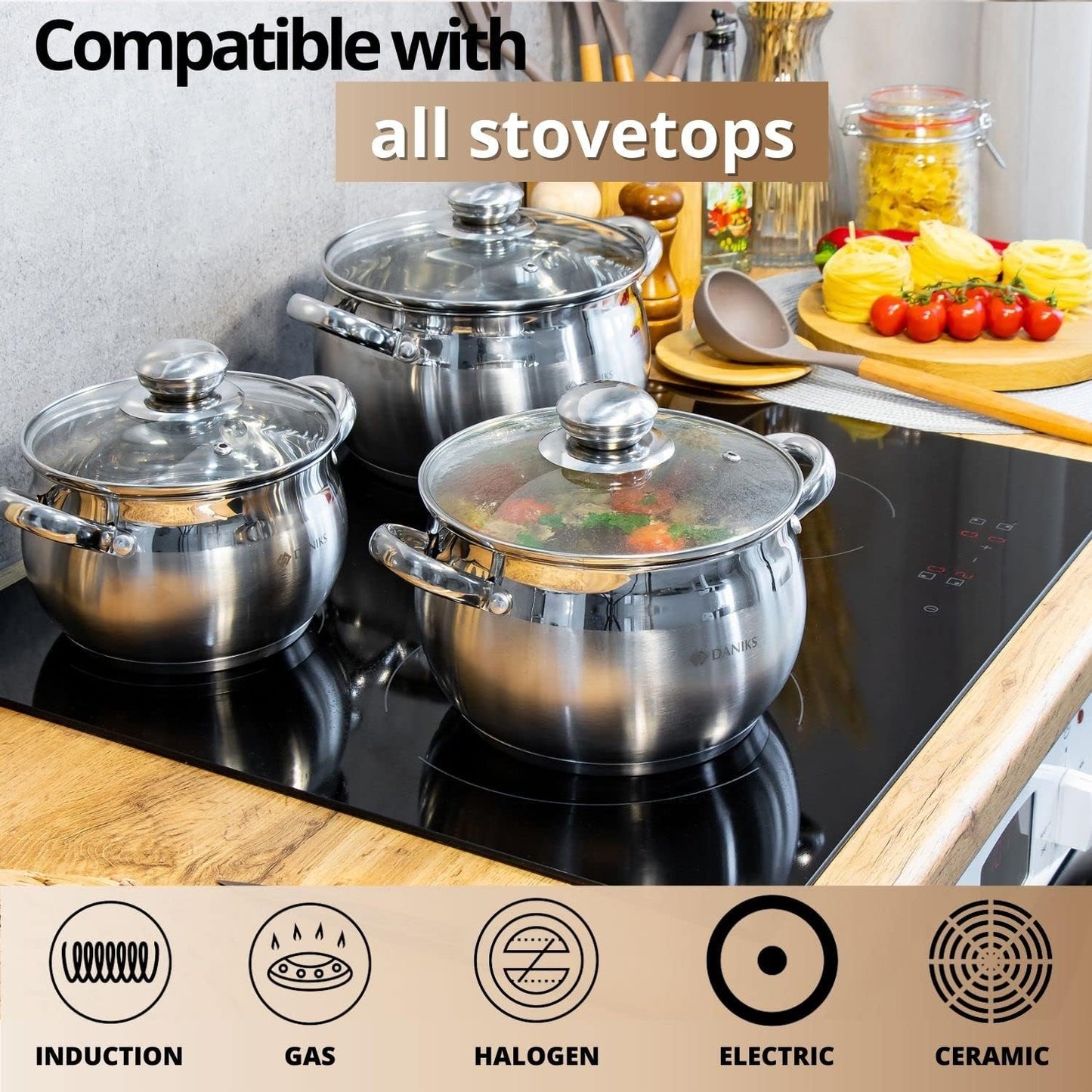 Daniks Classic Frying Pan Included, 11-Piece Stainless Steel Induction Cookware Set, Dishwasher Safe Pots and Saucepan, Glass Lids, Measuring Scale, For Soup, Pasta, Stew, Silver