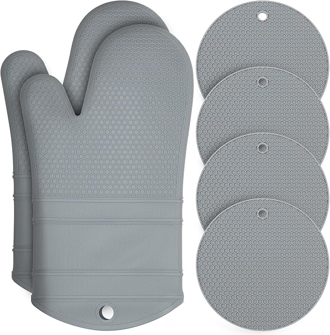 6 Pack Oven Mitts and Pot Holders Sets,Silicone Oven Mitts &Hot Pads,Long Cooking Gloves,Kitchen Trivet Mats,Kitchen Home Essentials,12.9" Mitts 7" Trivets (1*Pair Grey Oven Mitts+4*Trivet)