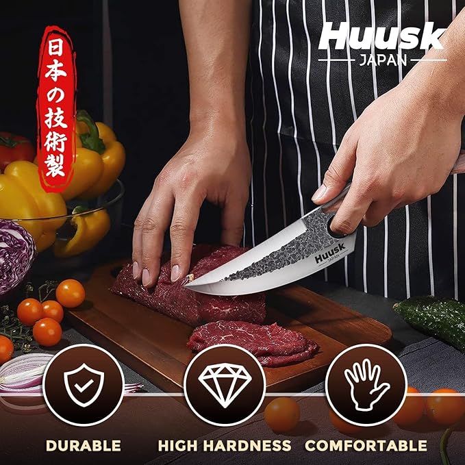 Huusk Chef Knives with Sheath, Hand Forged Viking Knife, Japanese Butcher Knife, Cool Caveman Knives for Kitchen and Outdoor Camping, Gift for Men and Women