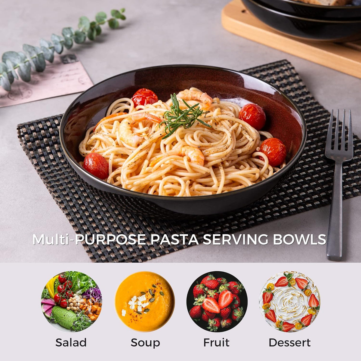 LERATIO Pasta Bowls,Ceramic 38oz Pasta Bowls,9.0" Reactive Glaze Pasta Bowl Set of 6,Microwave & Dishwasher,Oven Safe,Large Wide Serving Bowls for Salad, Dessert,Pizza,Fruit -Red