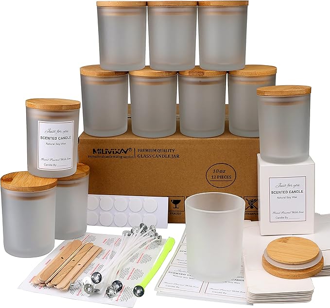 MILIVIXAY 12 Pack 10 OZ Frosted Glass Candle Jars with Lids and Candle Making Kits - Bulk Empty Candle Jars for Making Candles - Spice, Powder Containers.
