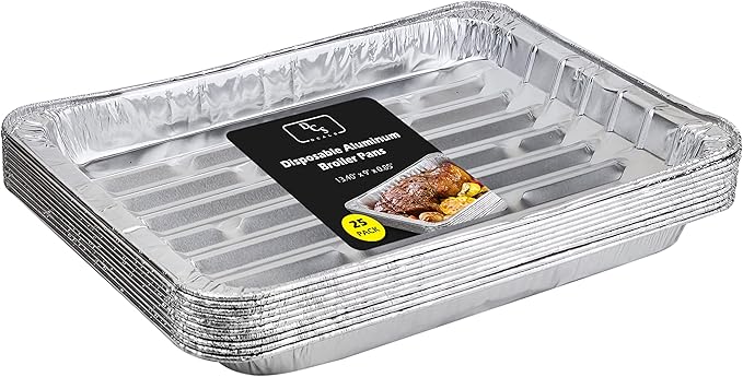 Pack of 25 Disposable Aluminum Broiler Pans – Good for BBQ, Grill Trays – Multi-Pack of Durable Aluminum Sheet Pans – Ribbed Bottom Surface - 13.40" x 9" x 0.85"