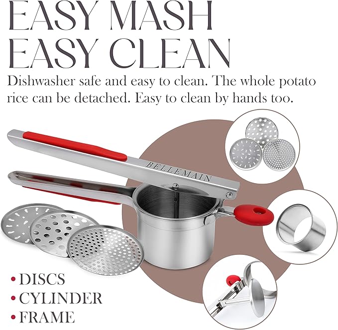 Bellemain 15 oz Large Potato Ricer | Heavy-Duty Stainless Steel Potato Ricer & Masher | Perfect for Mashed Potatoes | Kitchen Tool with 3 Interchangeable Discs