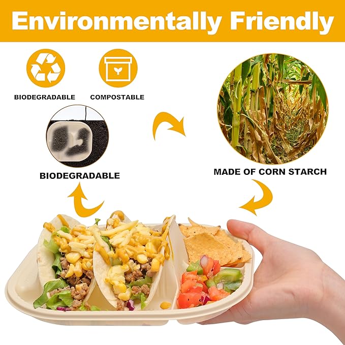 Small Disposable Taco Plates With Dipping Sides - 50 Pack, Biodegradable Cornstarch Taco Holder, Mini Size Fit 4-6 Inch Street Tortilla Shells, Sturdy & Microwave Safe, Bar Serving Set For A Party