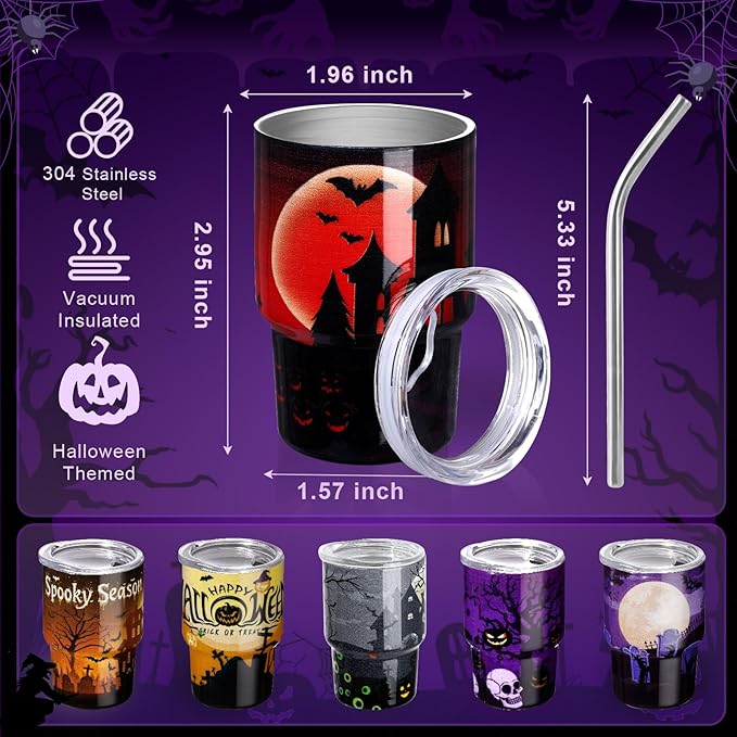 6 Pack 3 oz Halloween Shot Glasses Mini Tumblers with Straw and Lid,Pumpkin Ghost Skulls Tombstone Halloween Party Spooky Shot Glass Stainless Steel Vacuum Insulated Mini Cup for Cocktail Party