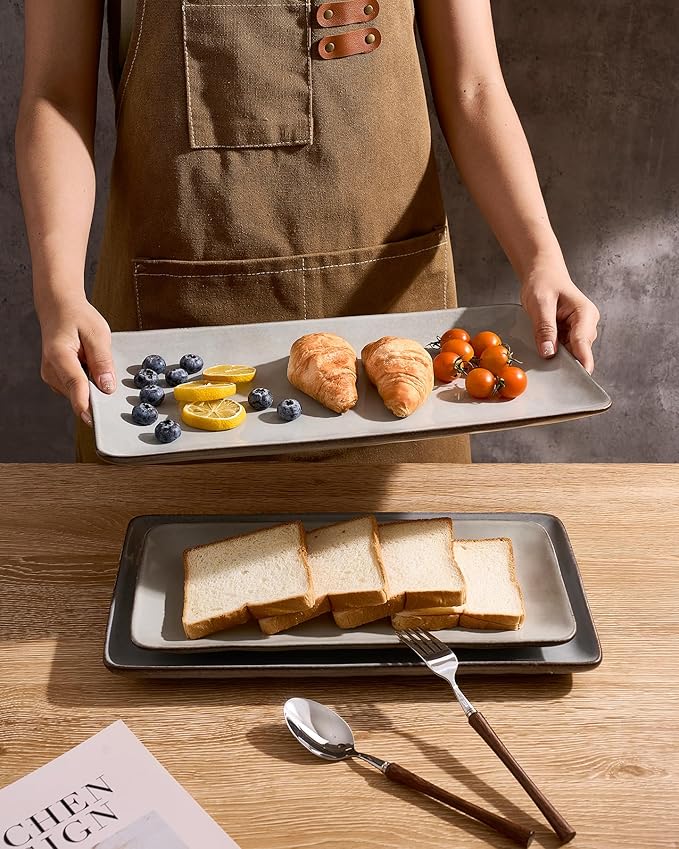 Famiware Serving Platter, Rectangular 15.67/14.1/12.6inch Serving Dishes for Entertaining, Reactive Glaze, Stoneware Serving Trays for Party, Food, Turkey, Snack, Cheese, Ocean Series, Grey