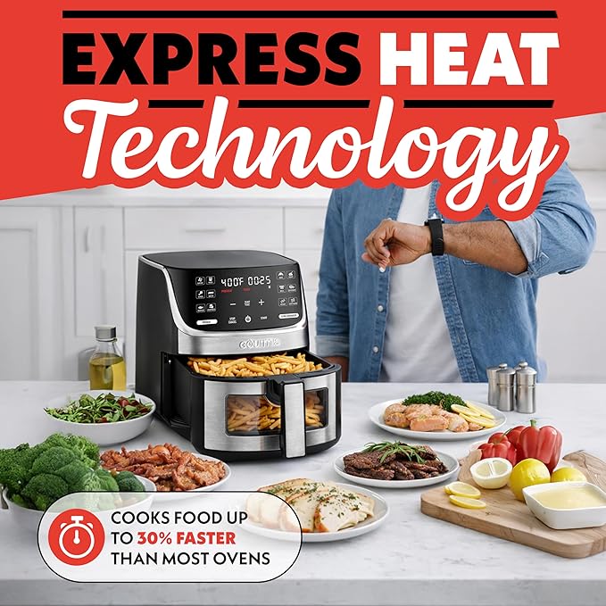 Gourmia Air Fryer - 7 Qt Large Capacity with LED Display, 12 One-Touch Presets, FryForce 360° Technology, Nonstick Dishwasher-Safe Basket & Crisper Tray, Stainless Steel