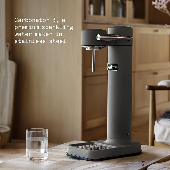 Aarke Carbonator lll with CO2 Cylinder, Sparkling & Carbonation Water Machine, Stainless Steel with PET BPA-Free Reusable Bottle Volume 1L/34 fl oz (Matte Grey)