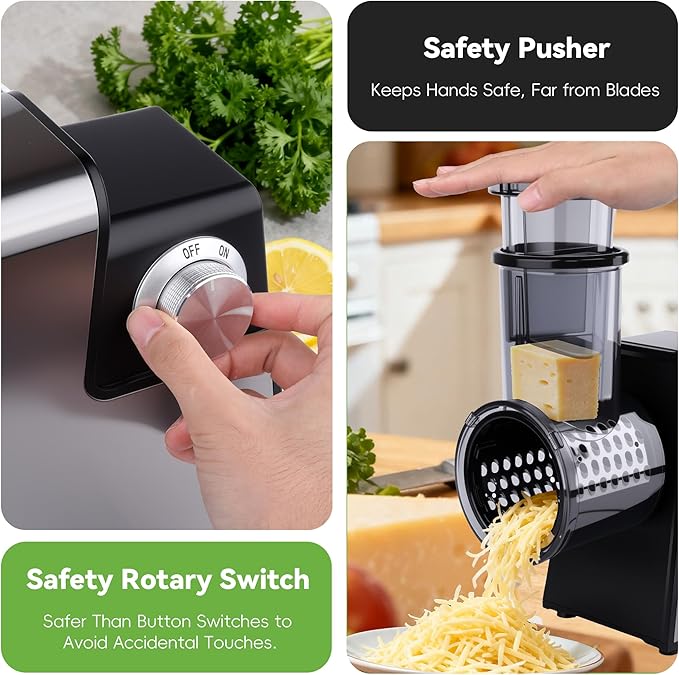 Electric Cheese Grater 7 in 1, Stainless Steel Salad Shooter, Food Slicer Shredder Chopper with Rotary Switch, 300W, for Block Cheese Vegetables Cucumber Carrots