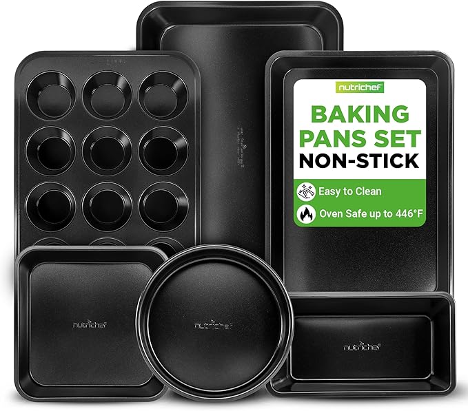NutriChef Stackable Non-Stick Baking Pan Set – Carbon Steel Bakeware Set w/ Cookie Sheet, Muffin & Loaf Pan, Double Coated for Easy Release, Oven & Dishwasher Safe, Resists Warping, – Easy to Clean