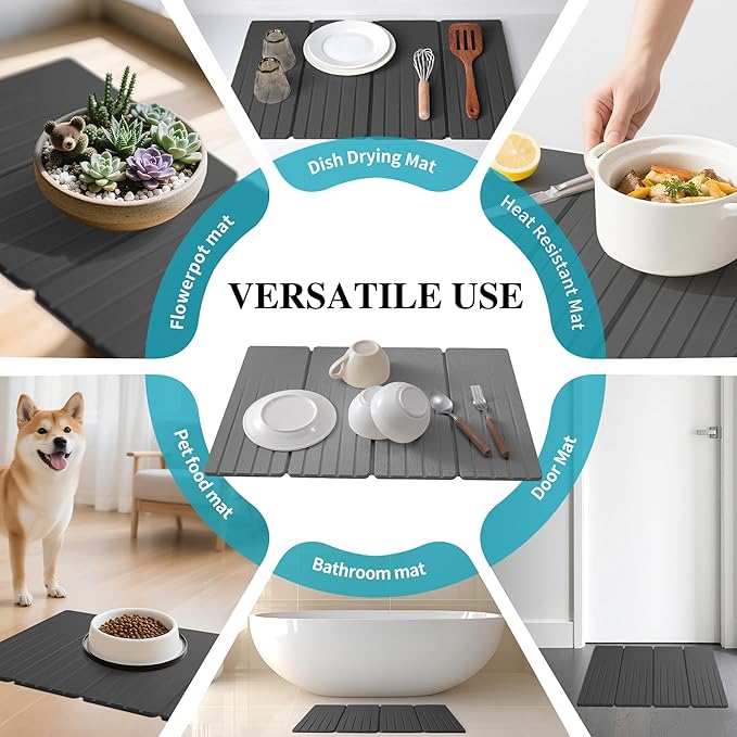 Extral Large Quick Dry Stone Drying Mat for Kitchen Counter,24x16 Inch Collapsible Eco-Friendly Absorbent Diatomaceous Earth Mat for Dishes Cups (Deep Gray-Upgraded Version, 24x16 inch)