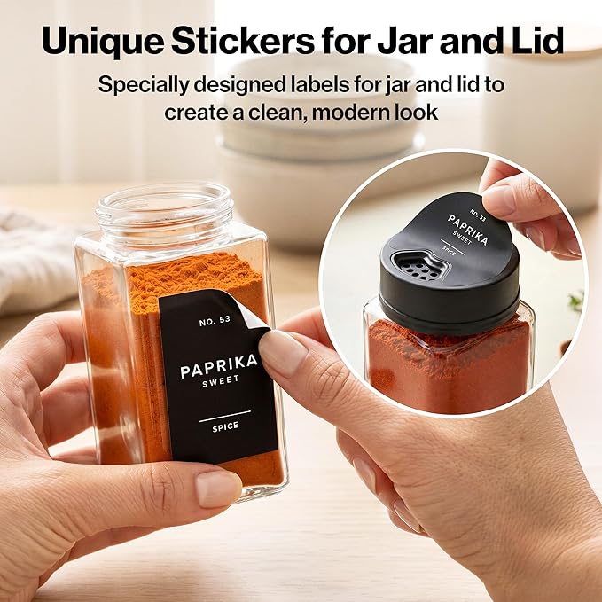 EDELHAUS Large Glass Spice Jars with Label and Black Rotating Lids (12 x 6.7 fl oz) Spice Containers with 160 Labels, Shaker Inserts, Funnel, Empty Square Containers [4.7 in × 2.2 in]