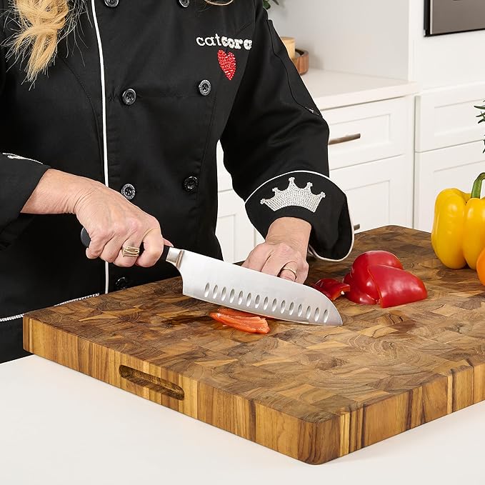 Cutlery-Pro Cat Cora Forged Granton Santoku Knife, Professional 7-Inch German Steel Blade For Slicing Meat Without Sticking, Ergonomic Triple-Rivet Handle, NSF-Certified Kitchen Knife