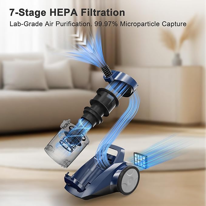 Canister Vacuum Cleaner 45KPa Power Bagless Canister Vacuums for Home with 5 Tools 4.5QT Dust Cup Double HEPA Filter Lightweight Multi-Surface Vacuum Cleaners for Carpet Hard Floor Pet Hair