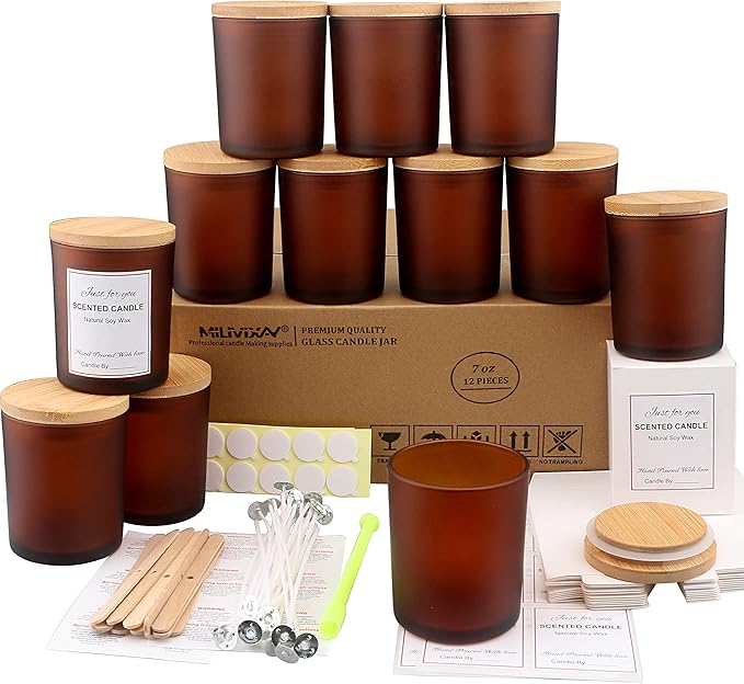 MILIVIXAY 12 Pack 7 OZ Frosted Amber Glass Candle Jars With Lids and Candle Making Kits - Bulk Empty Candle Jars For Making Candles - Spice, Powder Containers.