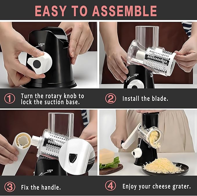 Rotary Cheese Grater, Cheese Grater Hand Crank, With Suction Base, Easy Cleaning With 3 Stainless Steel Interchangeable Drum Blades, Black
