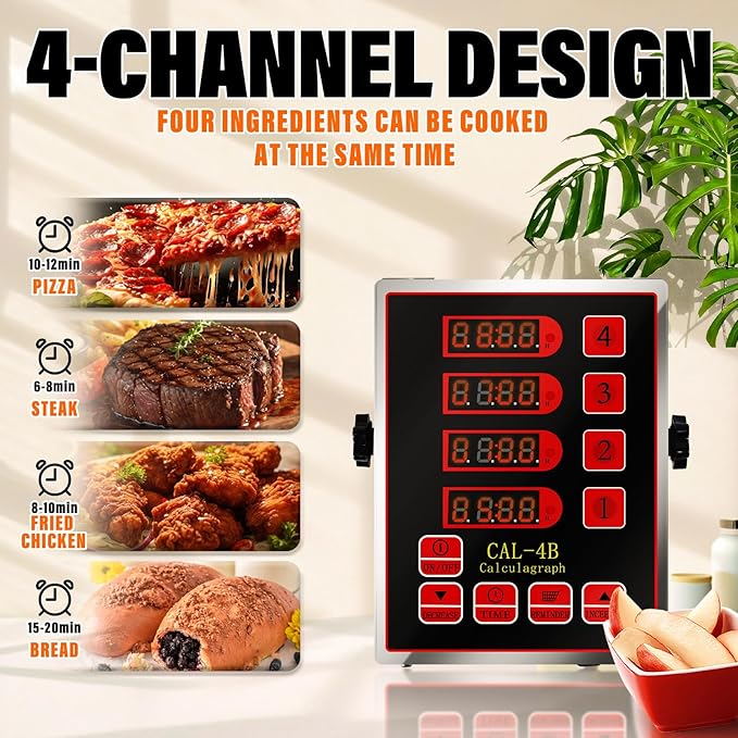 4 Channel Kitchen Timer – Cordless Timers for Cooking with Audio Alerts – Stainless Steel LED Digital Timer for Commercial Restaurants Home Kitchen Black