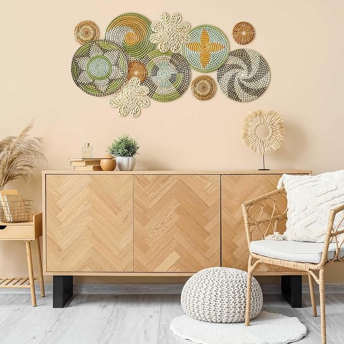 Tatuo 11 Pcs Boho Wall Basket Decor Bulrush Woven Wall Hanging Art Round Farmhouse Rustic Handmade Wicker for Summer Home, Bedroom, Living Room, Kitchen Decorations, Multi Sizes(Stylish)