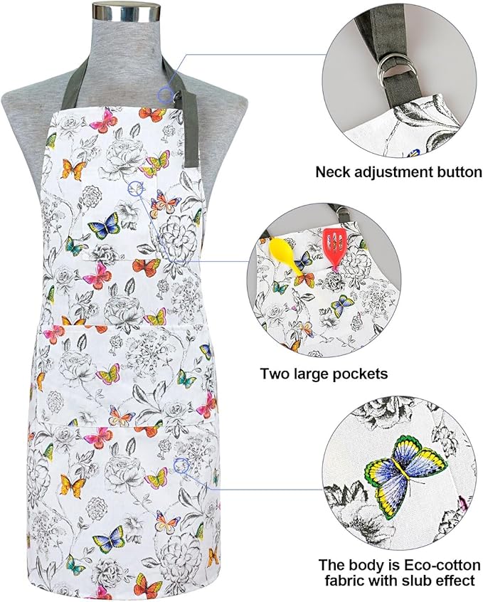 Alselo Oven Mitts and Pot Holders with Chaf Apron,Set of 5 Heat Resistant Kitchen Gloves and Silicone Non-Slip Potholders Adjustable Neck Buckle Apron, Cotton Nice Design for Cooking (Butterfly)