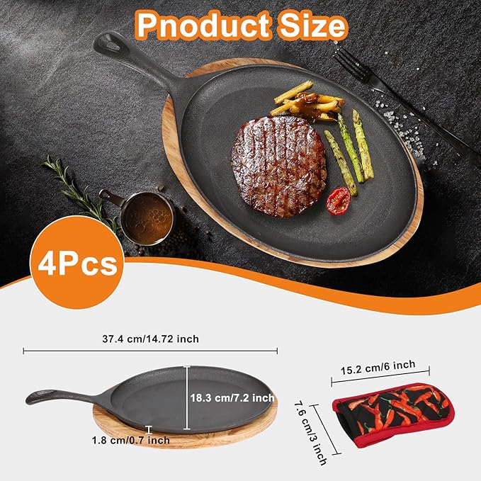 Fajita Skillet,Cast Iron Plates for Home Party Eating，Sizzler Plates With Wooden Base And Handle Cover,Cast Iron Skillet Set，Steak Plates for Home Party Eating