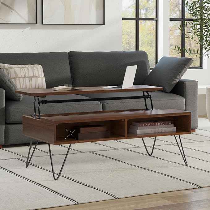 SIMPLIHOME Hunter Lift Top Coffee Table - 48 inch Wide Walnut Veneer and Metal Industrial Cocktail Table, Functional Living Room Table with 2 Storage Cubbies and Hairpin Legs