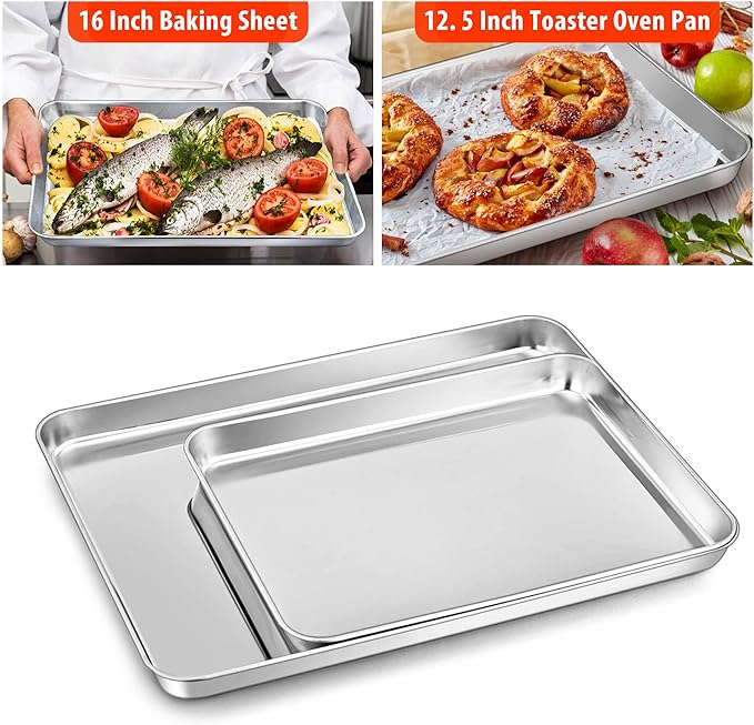 TeamFar Bakeware Sets of 7, Stainless Steel Bakeware Sets for Oven, Baking Sheet & Toaster Oven Pan, Square & Round Cake Pan, Muffin Pan & Loaf Pan, Lasagna Pan, Healthy & Sturdy, Dishwasher Safe
