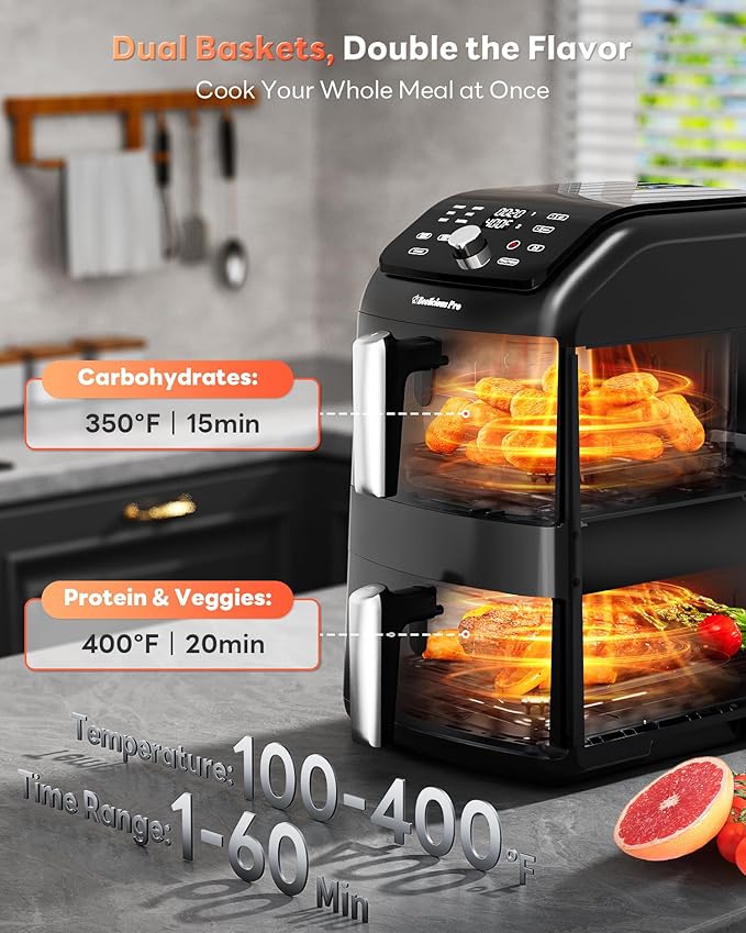 12QT Large Double Air Fryer, 10-in-1 Dual Airfryer with 2 Baskets & SyncHeat Tech for Even Cooking, Stacked Compact Design, Smart Finish & Match Cook, PFAS-Free Nonstick, Dishwasher Safe, Black