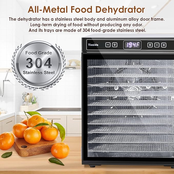 Food Dehydrator Machine For Jerky, Meat, Dog Treats, Herb, Vegetables, Fruit Dryer, 10 Stainless Steel Trays, 24H Timer, 194ºF Temperature Control, Safety Over-Heat Protection