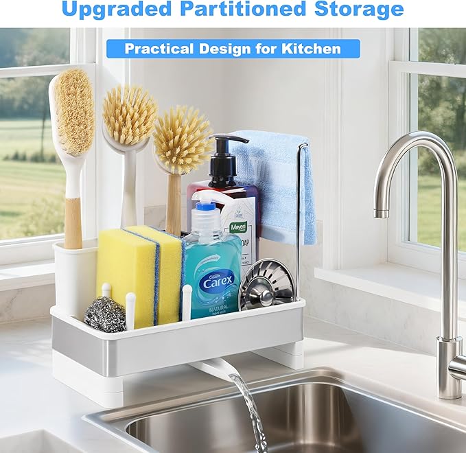 Kitchen Sink Caddy Organizer, Stainless Steel Sponge Holder, Kitchen Caddy Sink Organizer with Dish Brush Holder and Dishcloth Rack, Rustproof Dish Sponge Drying Rack for Countertop Storage