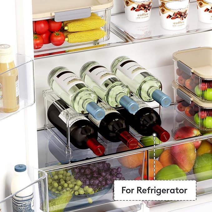 Lifewit Stackable Bottle Storage Organizer, Clear Freestanding Wine Holder for Cabinet, Large Slot Water Bottle Tumbler Cup Organizer for Pantry, Plastic Wine Rack for Fridge Cellar, 2Tier Hold 6